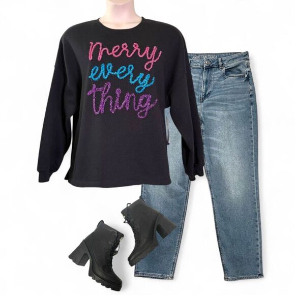 State of Mine Sparkle Christmas Merry Everything Sweatshirt Black, NWT Size XXL - Picture 3 of 7